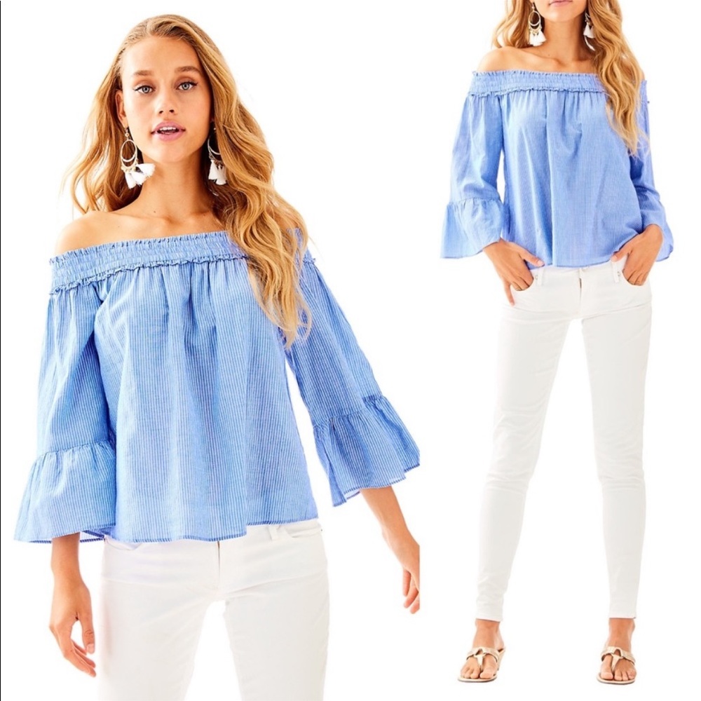 Lilly Pulitzer Moira Off the Shoulder Blue Striped Blouse, sz Large